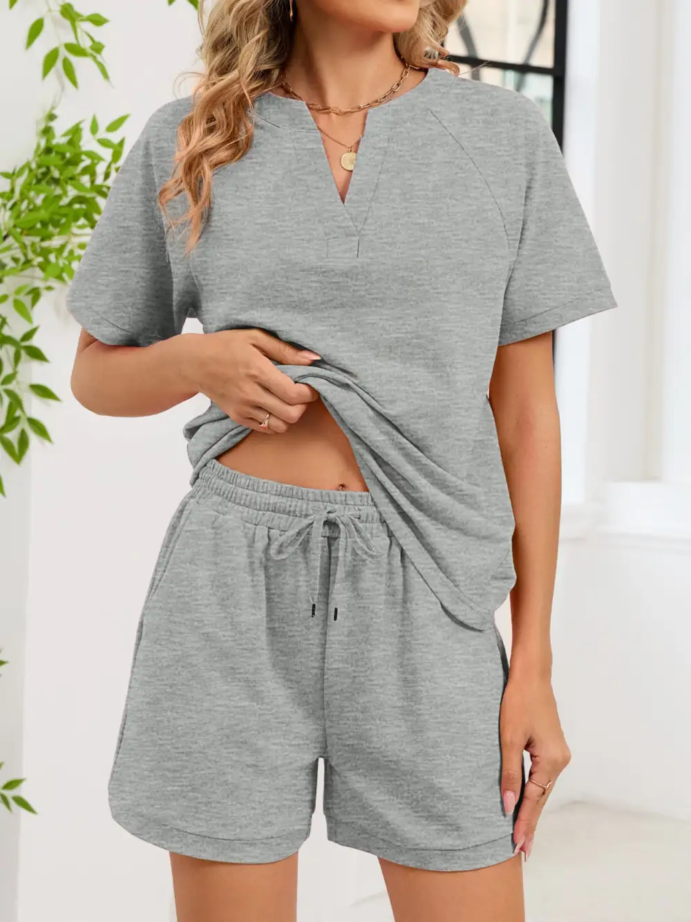 Notched Short Sleeve Top and Shorts Set