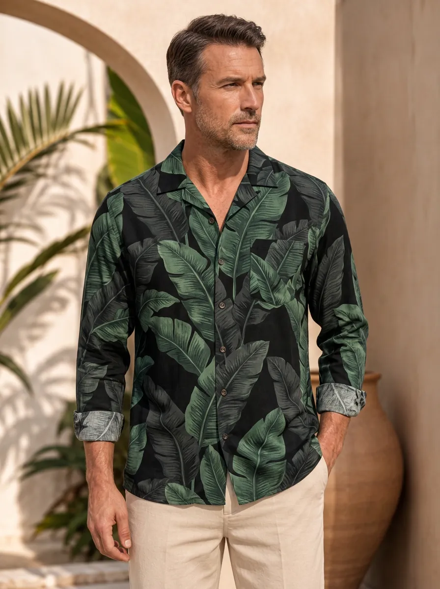 Men's Tropical Vacation Banana Leaf Printed Long Sleeve Shirt