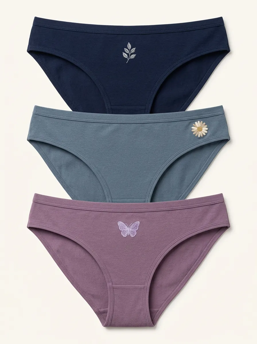 Women's Three-Pair Nature Motif Embroidered Bikini Brief Set