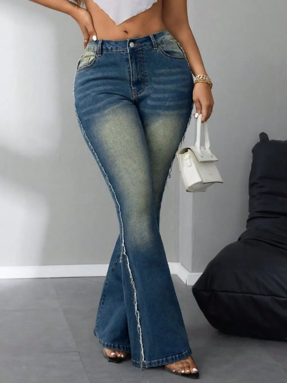Side Raw Hem Flared Denim Jeans