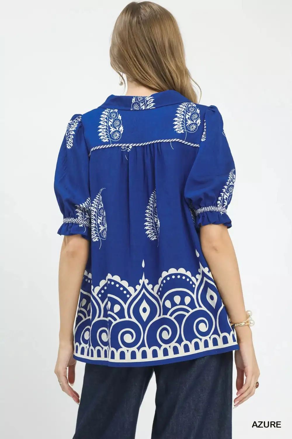Printed Puff Sleeve Split Neck Top