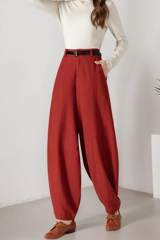 Relaxed Linen Cotton Wide Leg Baggy Pocketed Trousers