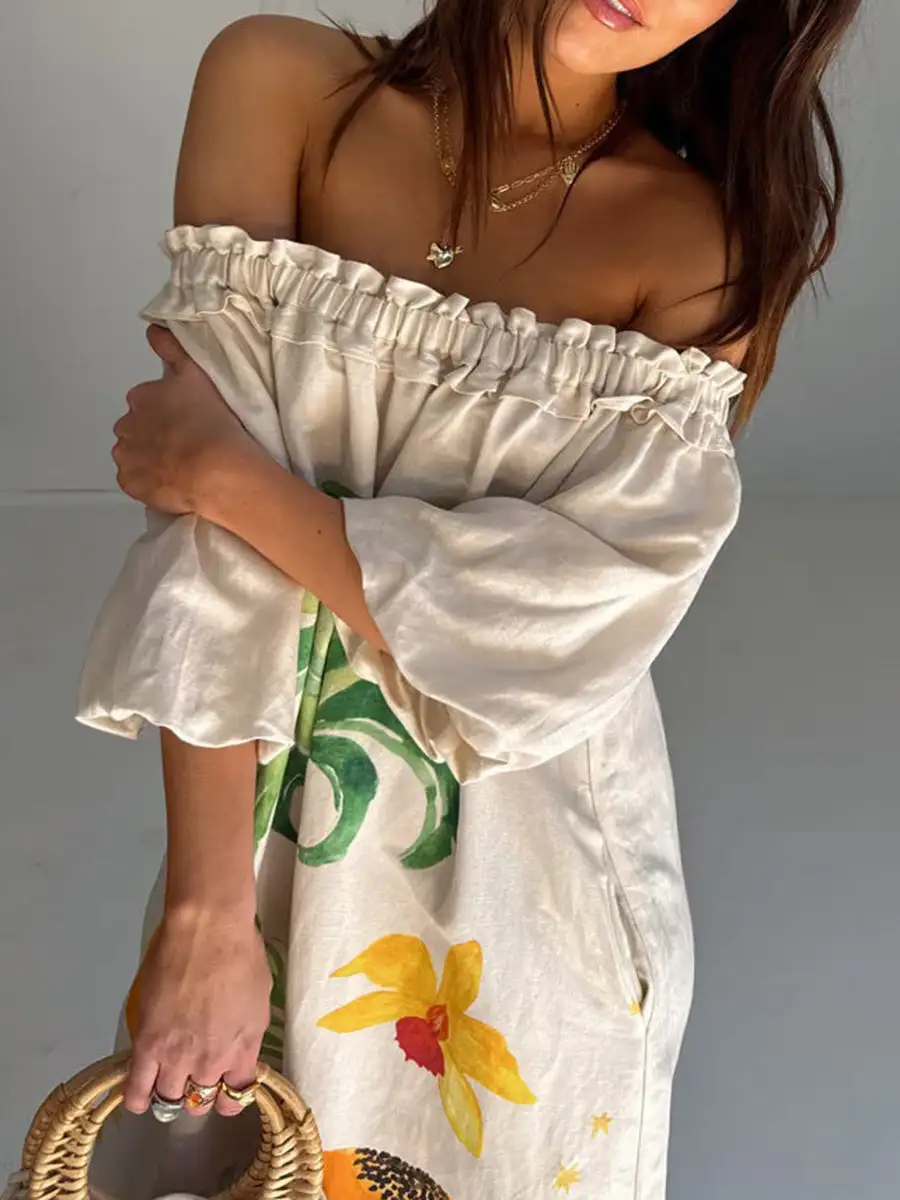 Sleeves Pleated Printed Long Maxi Dress