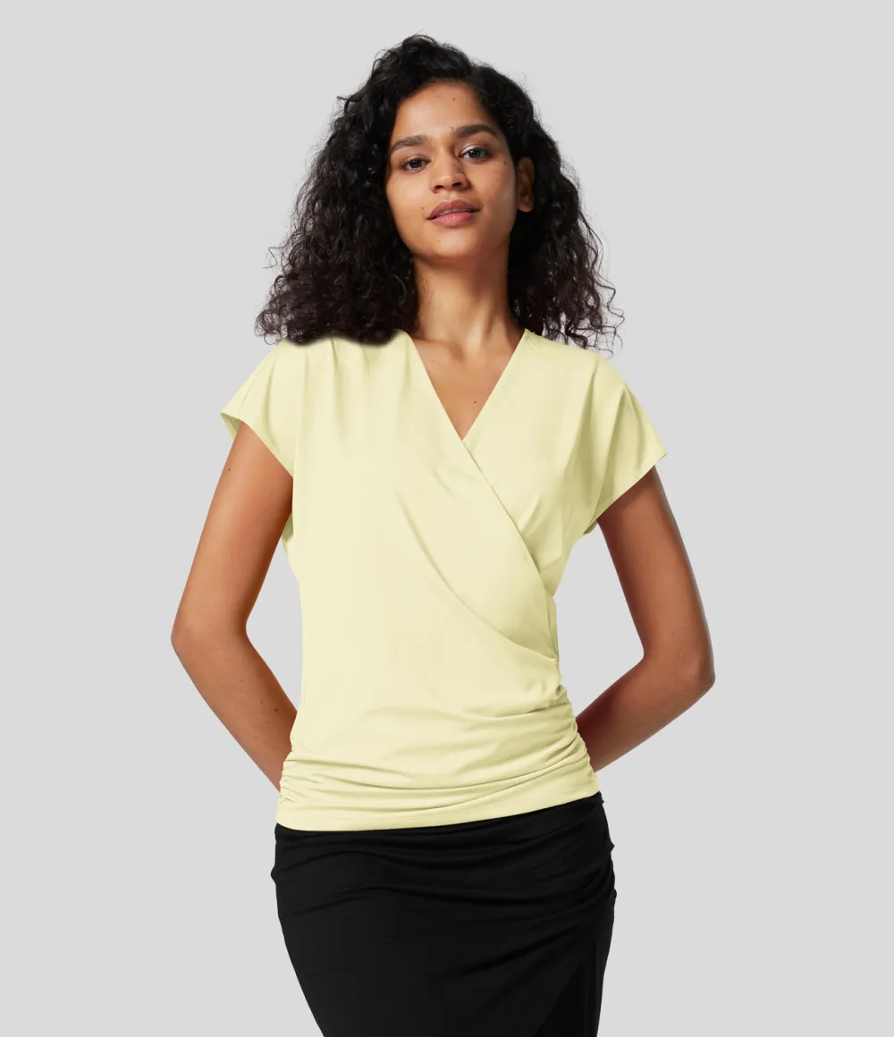 V Neck Cap Sleeve Crossover Ruched Solid Work Blouse
