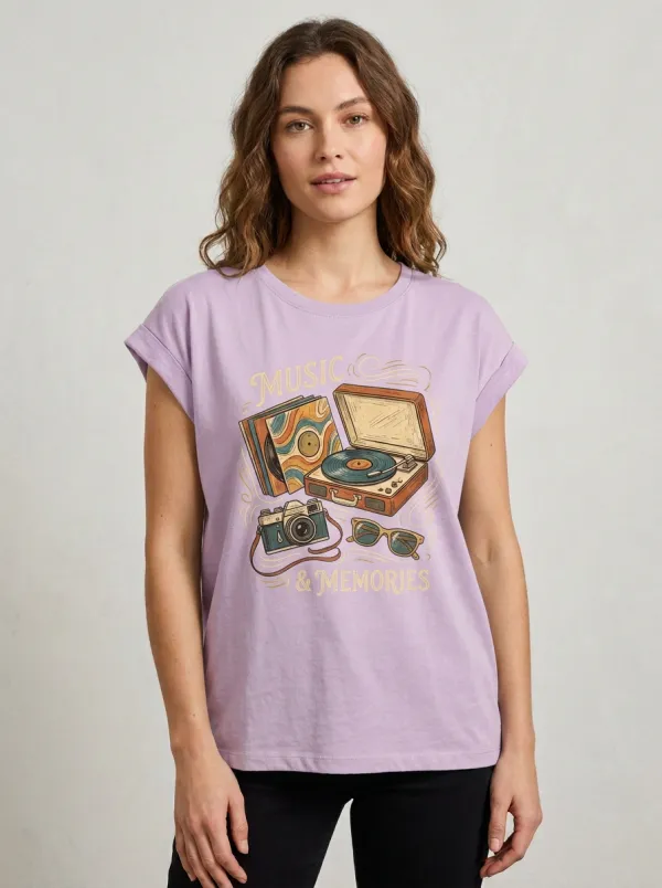 Women's Music Retro Record Player Camera Graphic T-Shirt