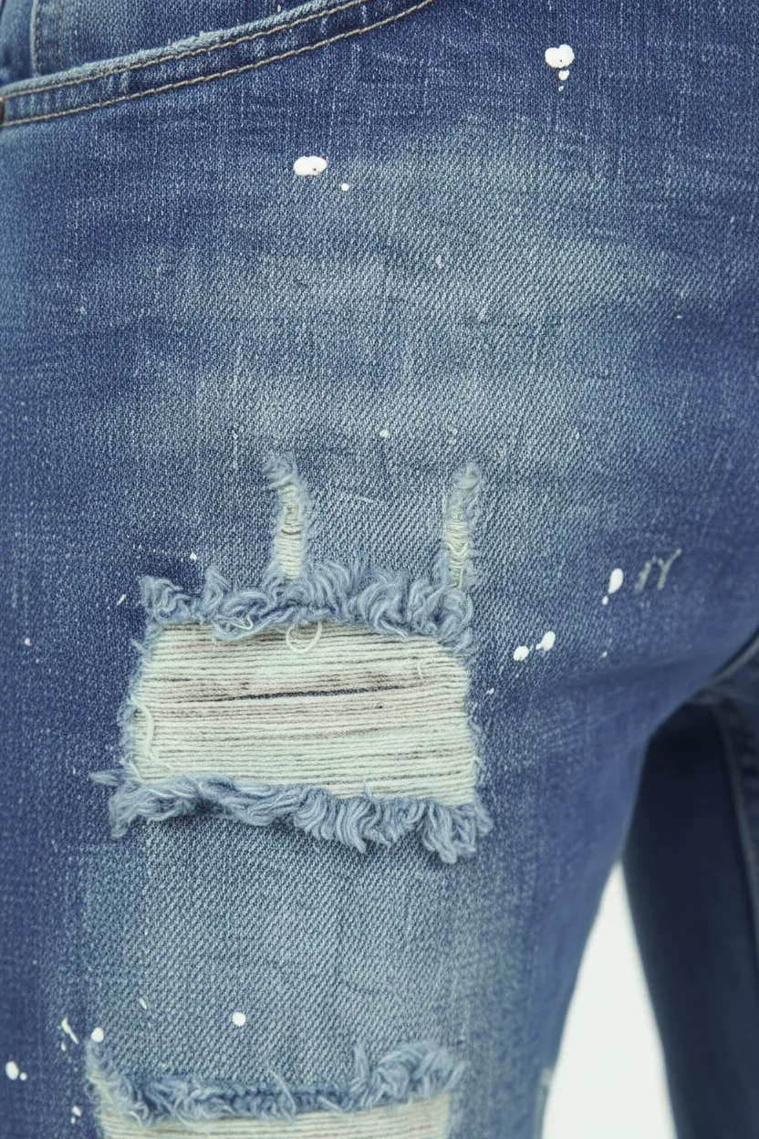 Modern Distressed Slim Fit Paint Splatter Five Pocket Jeans