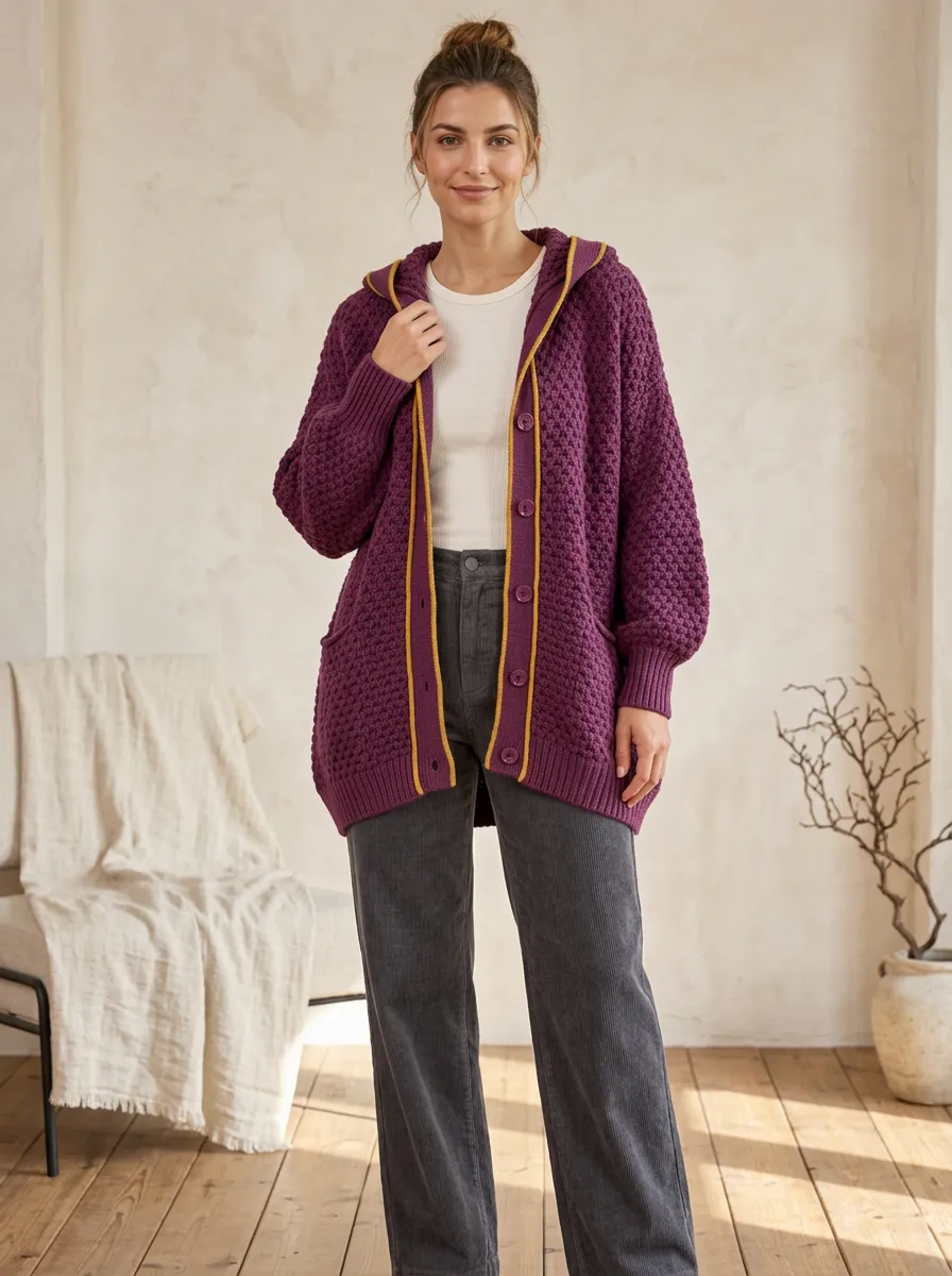 Women's Honeycomb-Knit Button-Front Patch-Pocket Hooded Cardigan