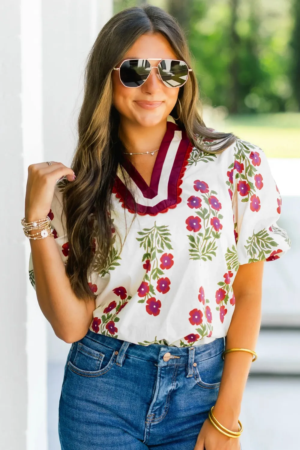 White Floral Short Bubble Sleeve Blouse