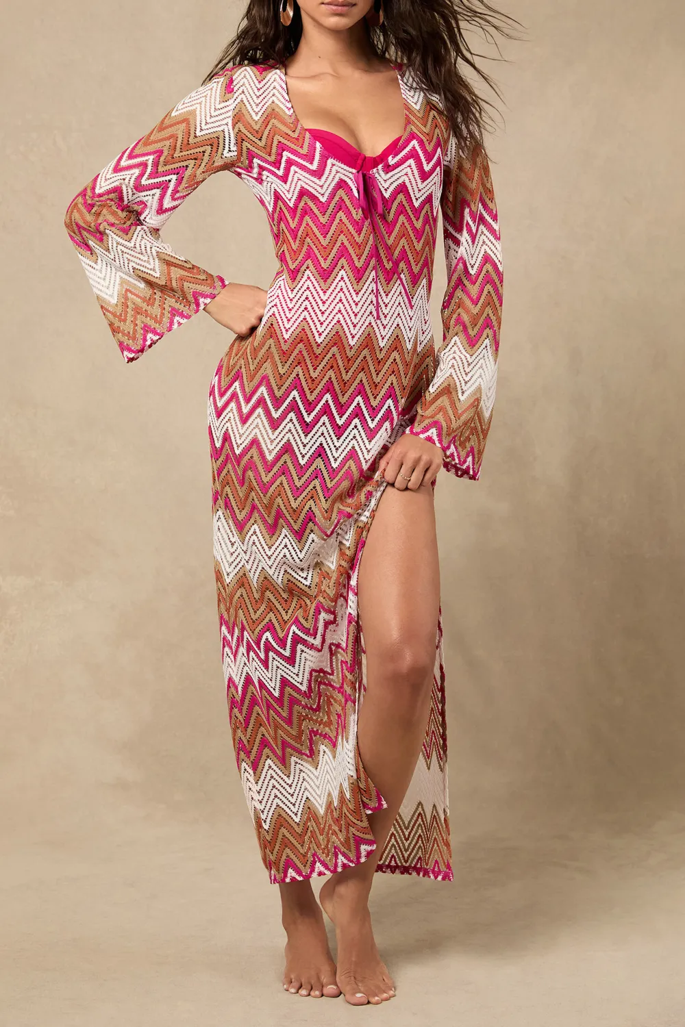Pink and Tan Multi Chevron Maxi Swim Cover-Up