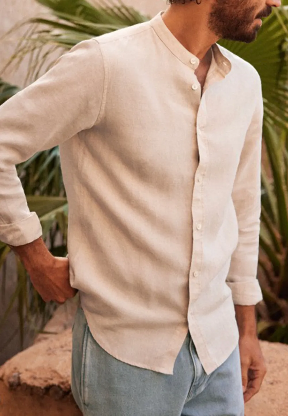 Cream Mandarin Collar Linen Blend Long Sleeve Shirt