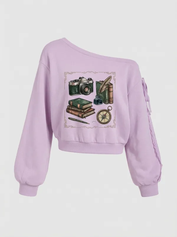 Women's Vintage Traveler Camera Books Compass Graphic Off-Shoulder Sweatshirt