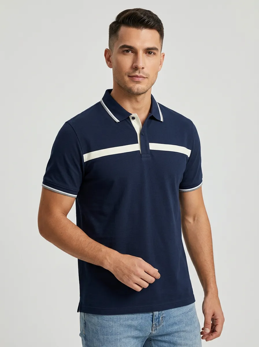 Men's Casual Colorblock Striped Contrast Trim Polo Shirt