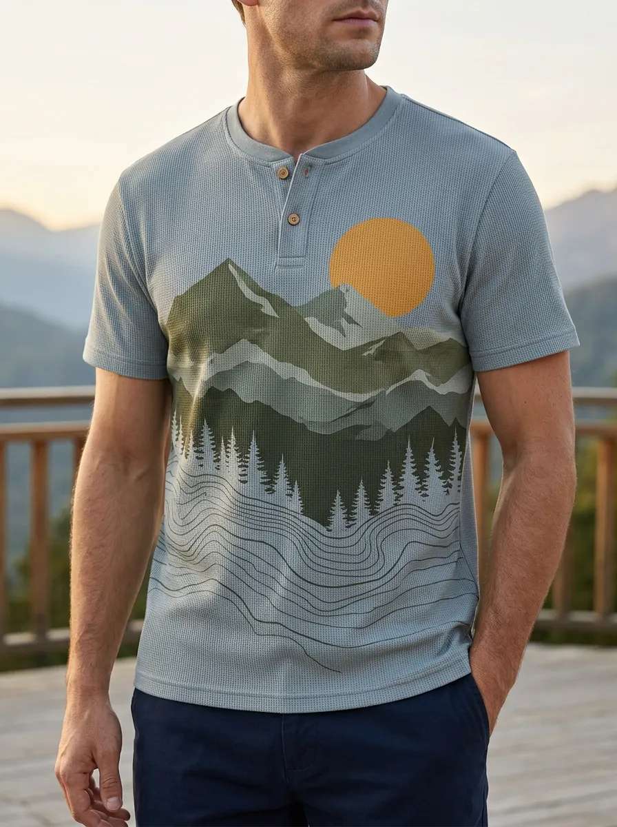 Men's Mountain Nature Lover Sunset Forest Printed Henley T-shirt