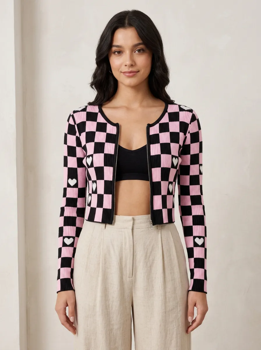 Women's Pink Black Checkerboard Heart Pattern Knitted Cardigan