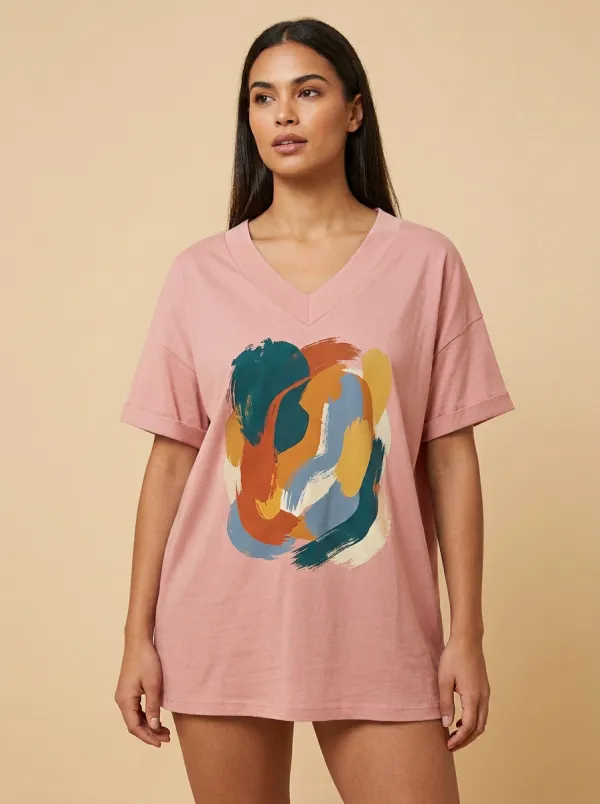 Women's Abstract Art Colorful Brushstroke Printed V-Neck T-Shirt Everyday Design