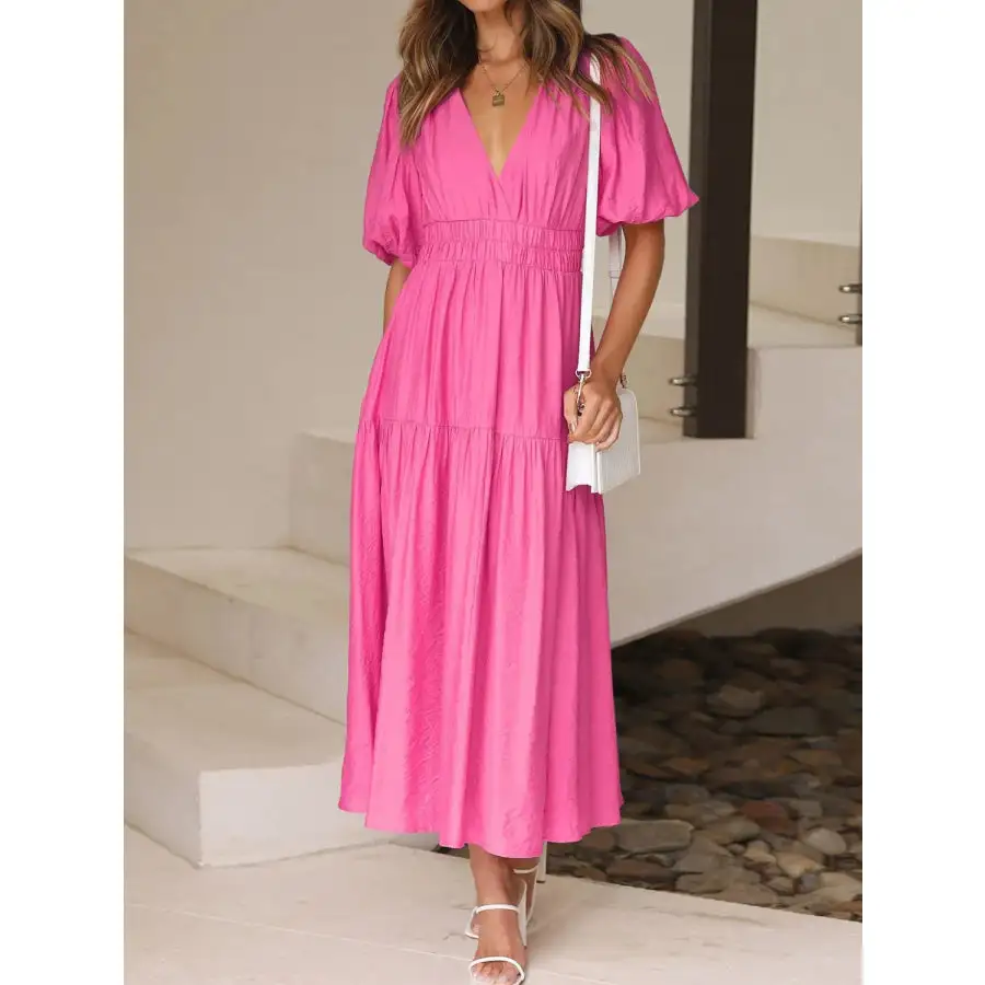 Neck V-Neck Puff Sleeve Midi Dress