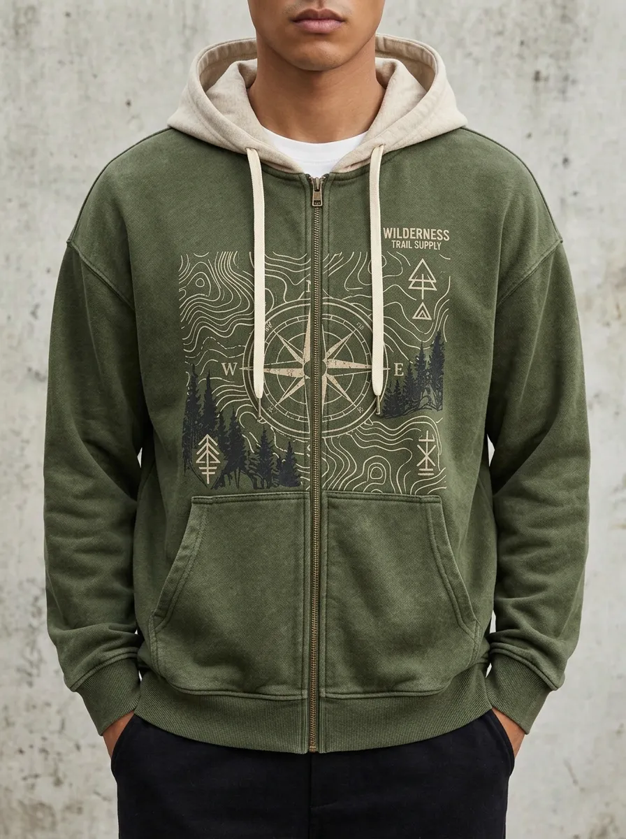 Men's Wilderness Hiking Compass Topographic Printed Zip Hoodie