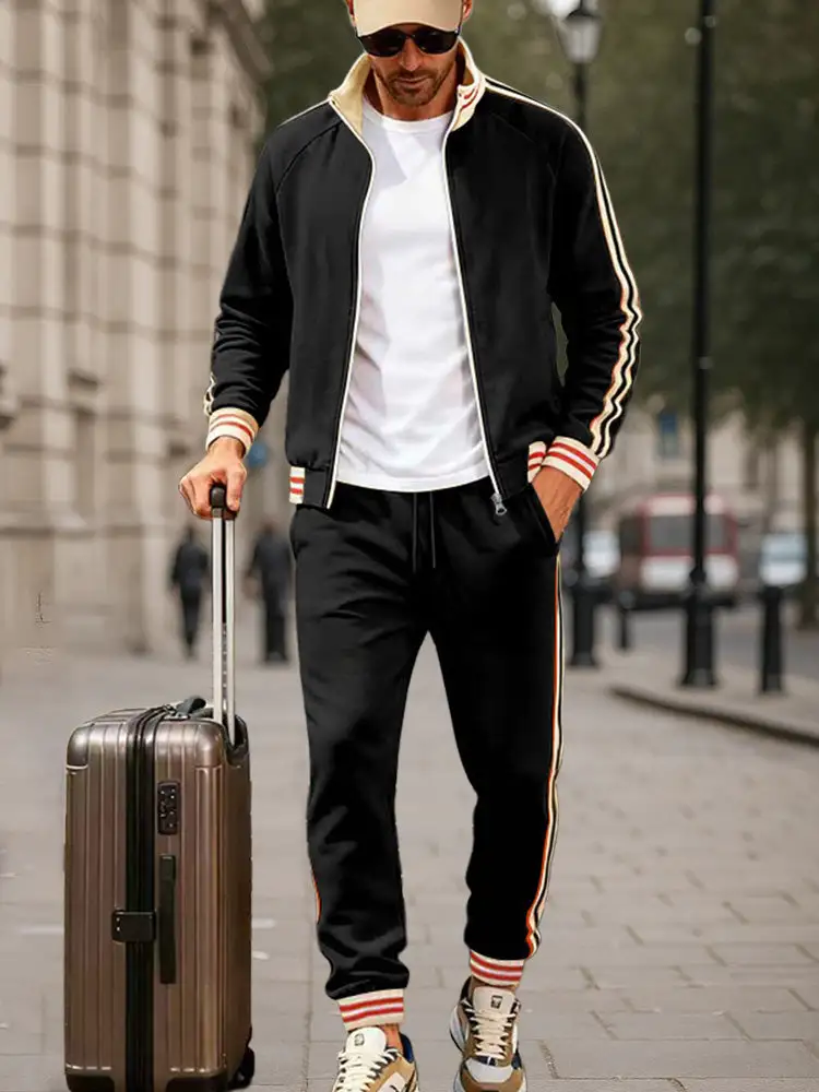 Sporty Contrasting Stripes Jacket Pants Set