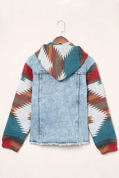 Drawstring Hooded Pocketed Denim Jacket