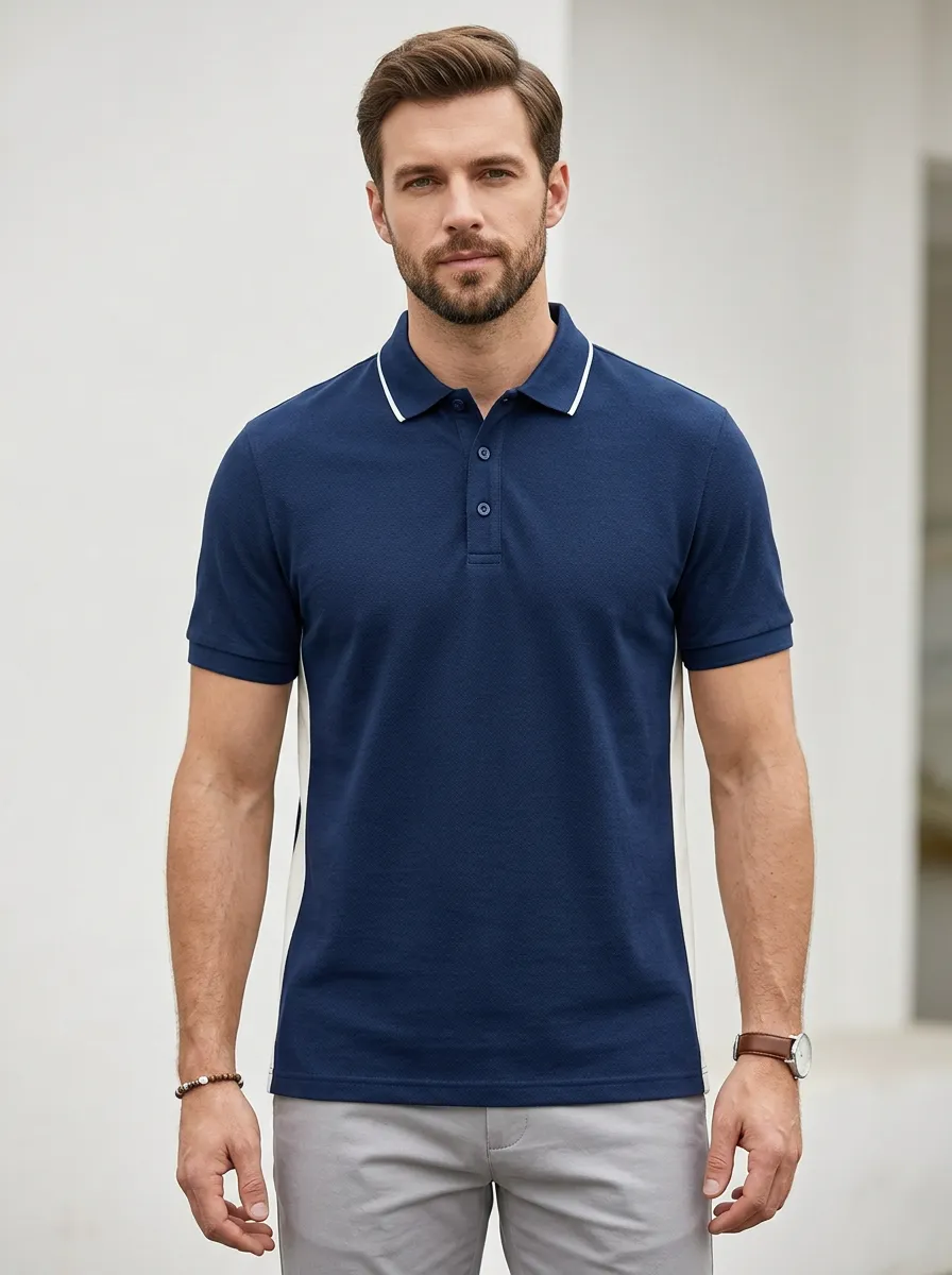Men's Casual Navy Blue White Contrast Panel Polo Shirt