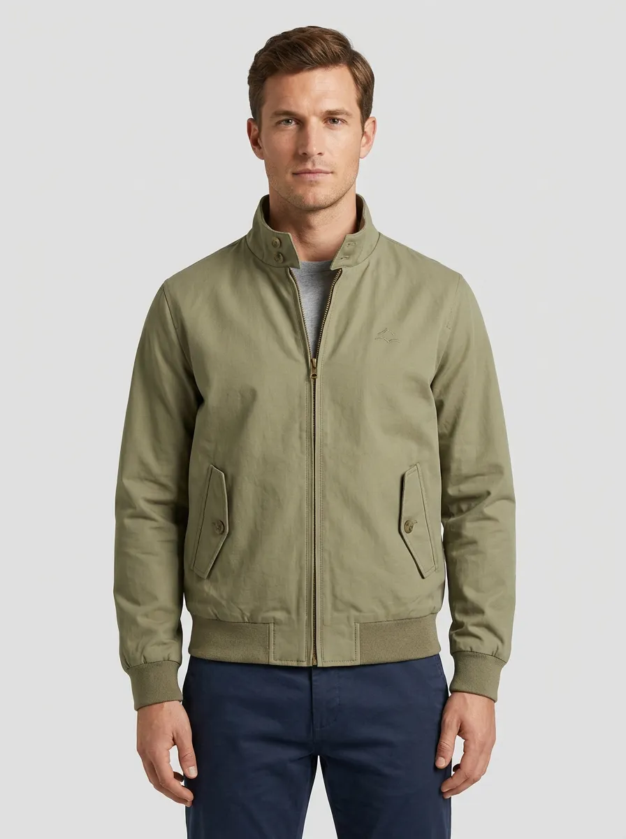 Men's Casual Olive Green Stand Collar Zip-Up Bomber Jacket