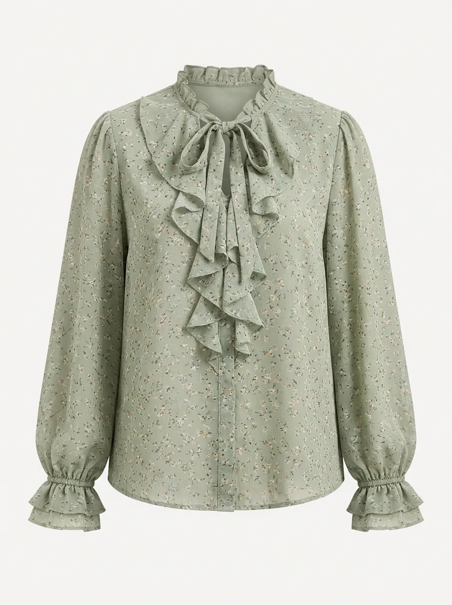 Women's Vintage Floral Ruffle Neck Printed Blouse