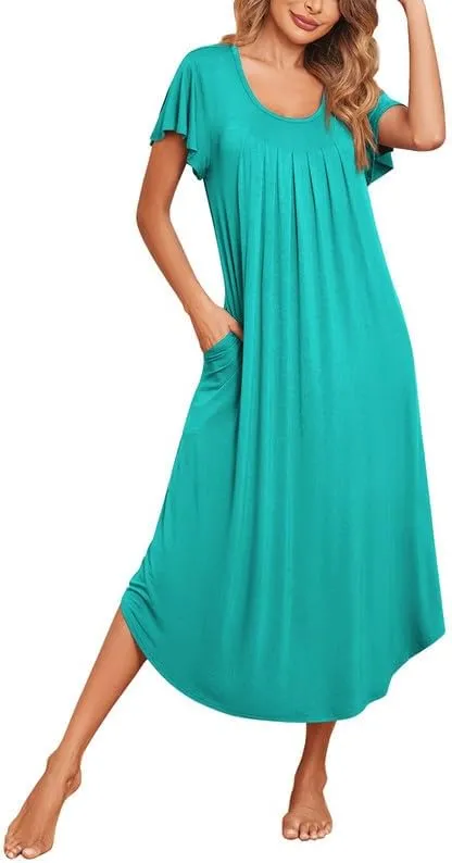 Ekouaer Long Nightgowns for Women with Pockets Short Sleeves House Dresses