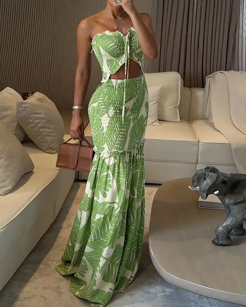 Tropical Print Halter Cutout Maxi Dress