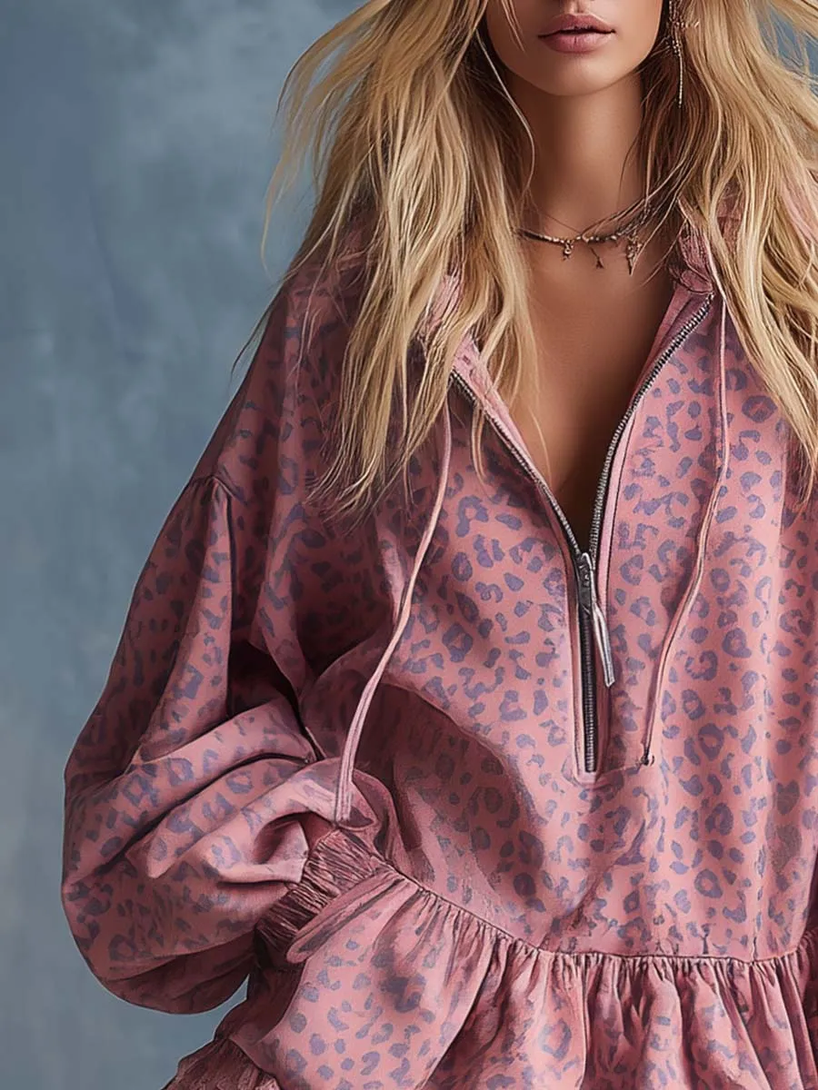 Hooded Front Zip Leopard Print Mini Dress