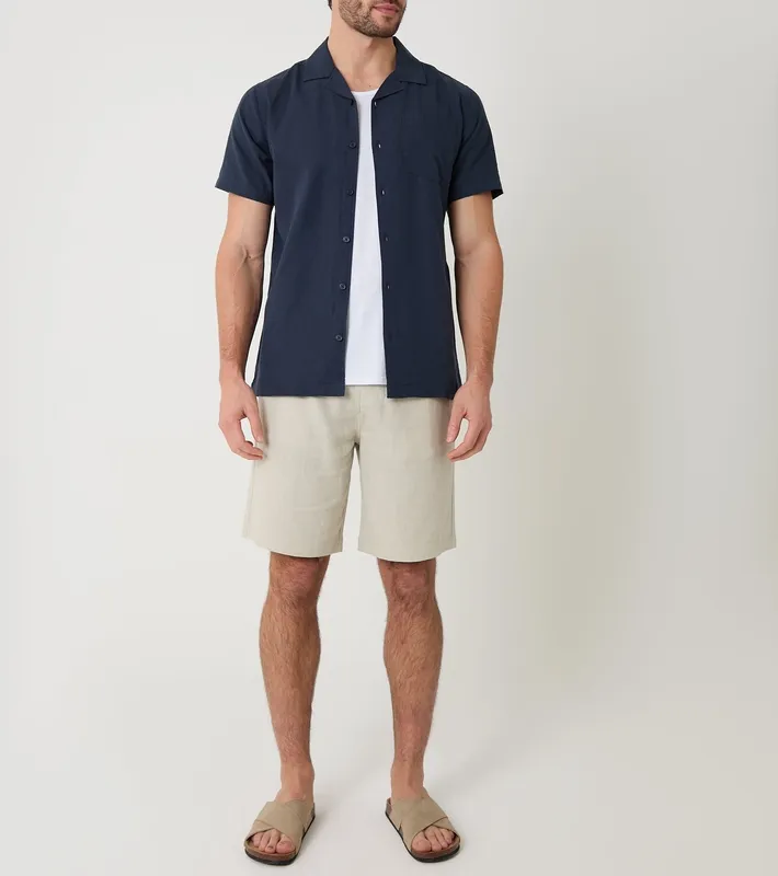 Navy Linen-Cotton Blend Short-Sleeve Shirt