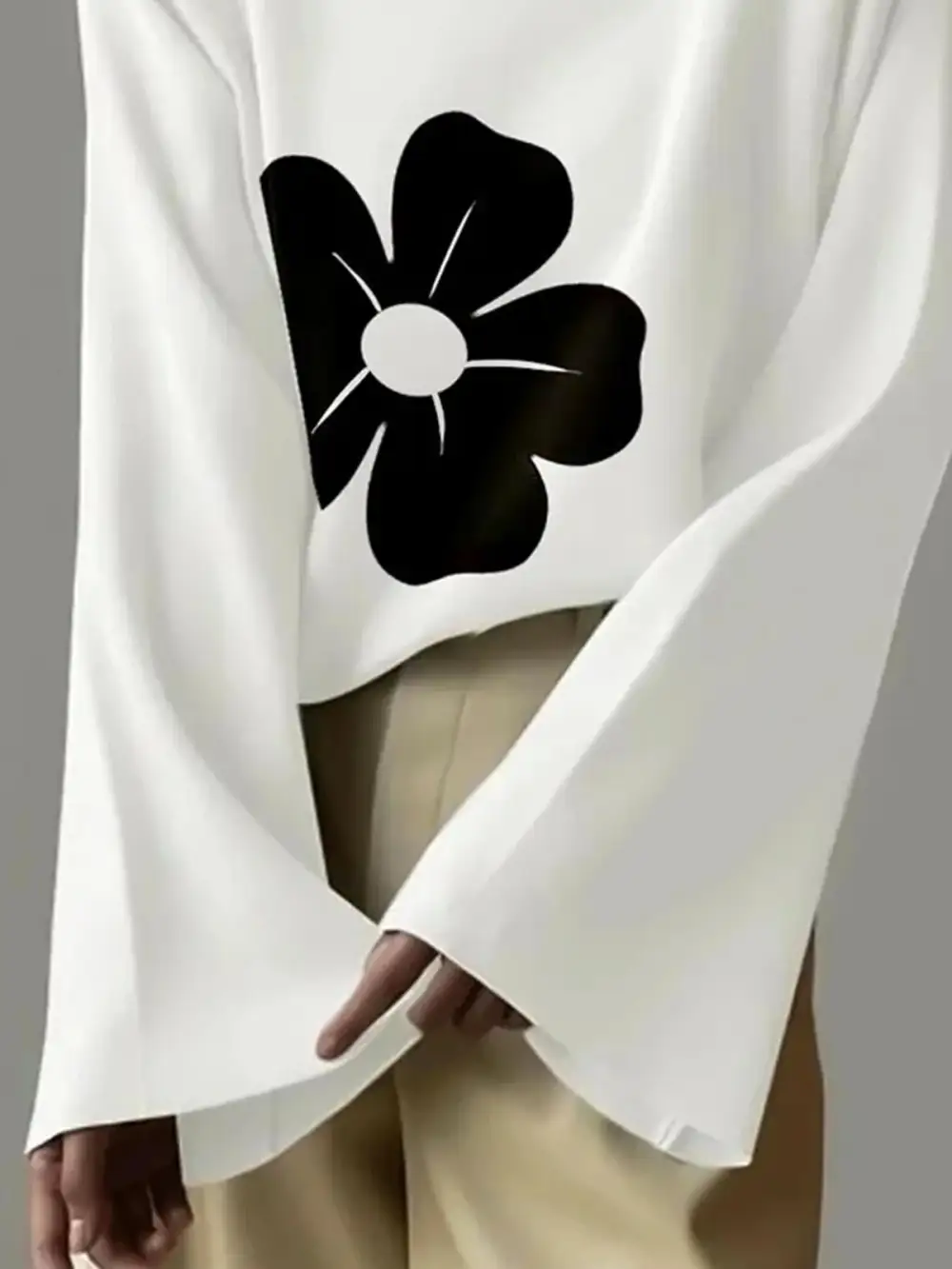 Flared Sleeve Long Sleeve Floral Print High Neck T-Shirt