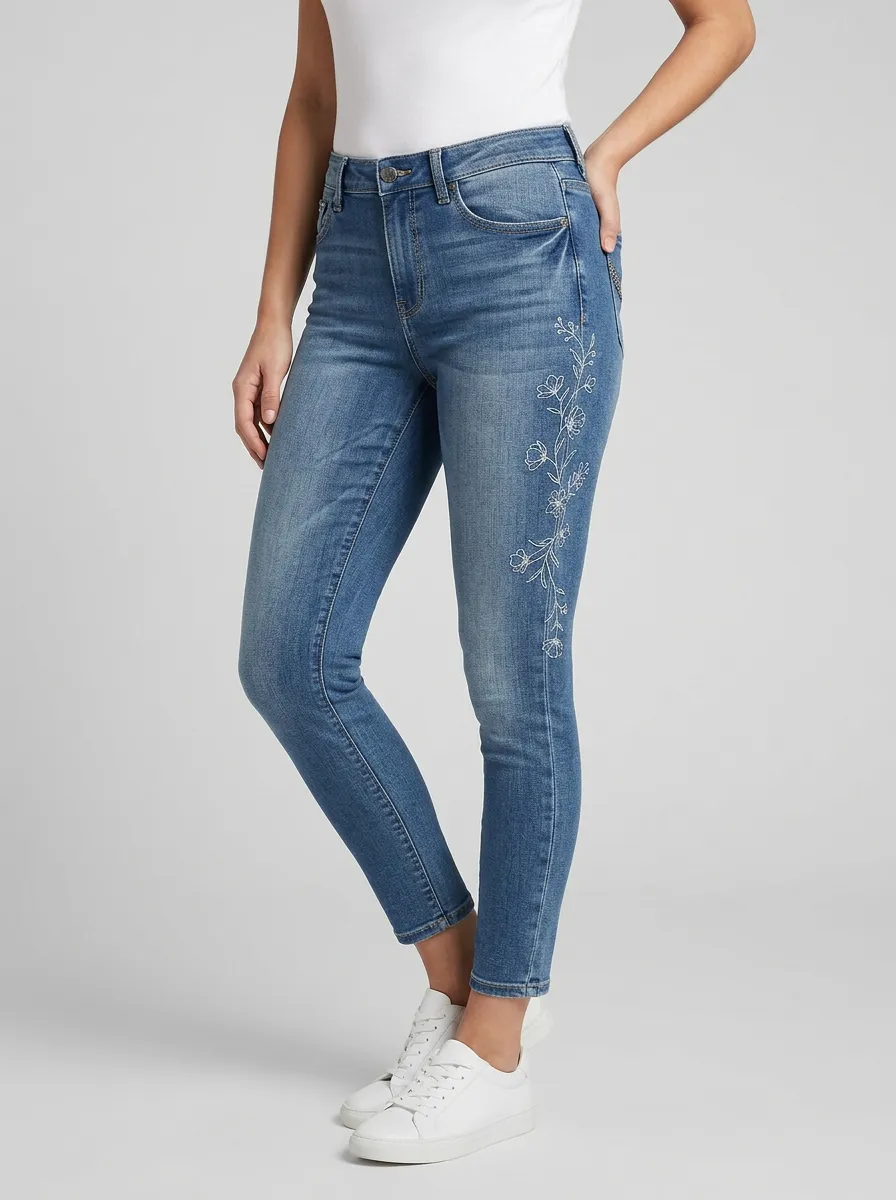 Women's Floral White Flower Embroidered Slim Jeans