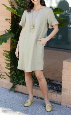 Linen Pocket Round-Neck Half-Sleeve A-Line Relaxed Above-Knee Dress