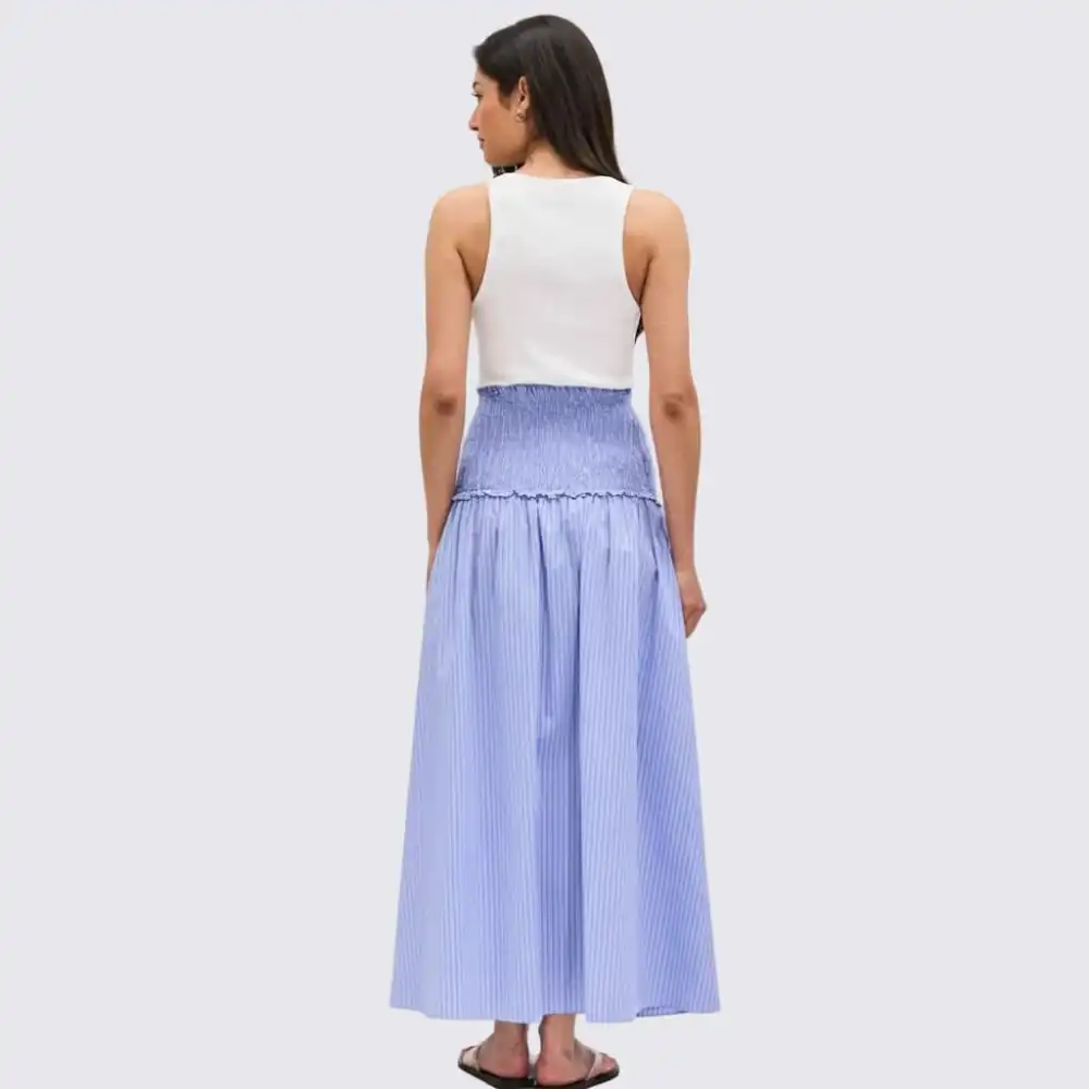 Shirred Waist Striped Midi Skirt