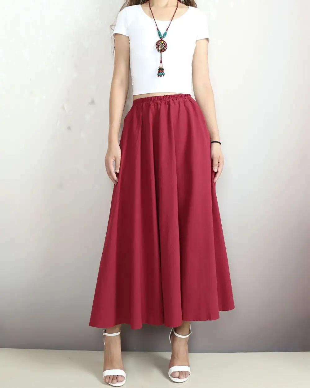 Boho Linen Flared Midi Skirt
