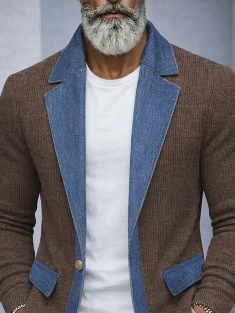 Cool Stylish Contrast Denim Panel Knit Blazer Jacket