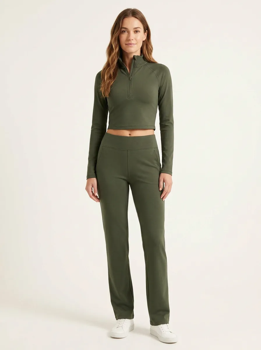 Women's Mock-Neck Raglan Half-Zip Crop Top and Straight-Leg Pant Set