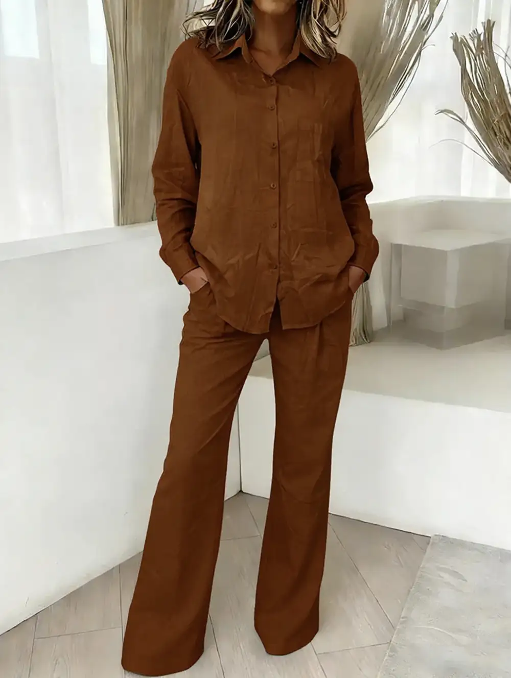 Shirt and Loose Wide-Leg Pants Suit