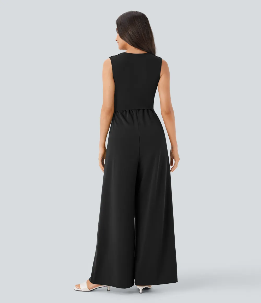 SculptKnit V Neck Sleeveless Ruched Pocket Jumpsuit-Easy Peezy