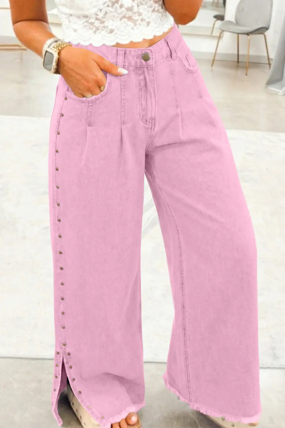 Women's Beaded Side Detail Split Loose Jeans