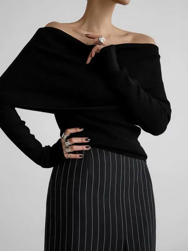 Off Shoulder Long Sleeve Relaxed Fit Pullover Sweater