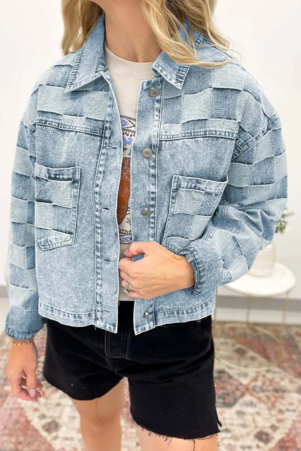 Women's Denim Checkered Pattern Patchwork Casual Jacket