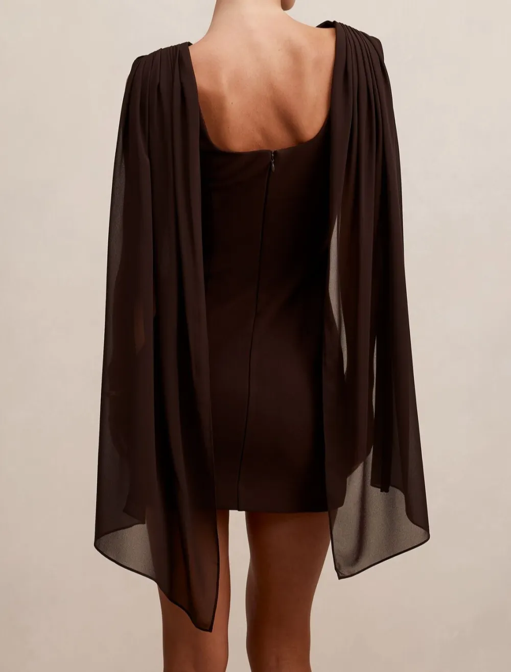 Brown Mini Dress With Attached Flowy Shawl