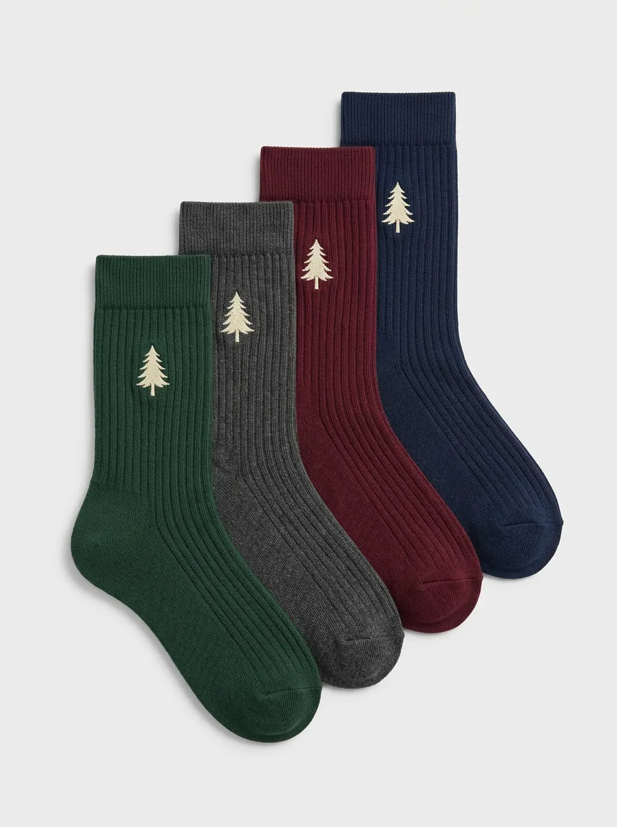 Men's Four-Pair Nature Lover Pine Tree Embroidered Ribbed Socks