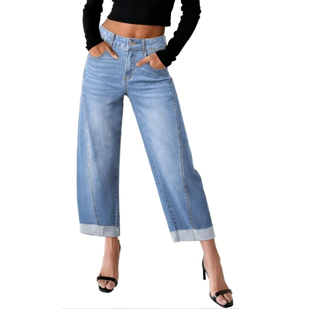 Women's High Waisted Wide Leg Cropped Denim Jeans