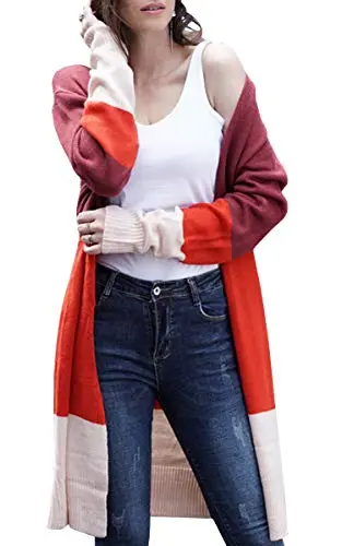 Womens Cardigan Color Block Striped Draped Kimono Cardigans Long Sleeve Open Front Casual Knit Sweaters Coat Outwear