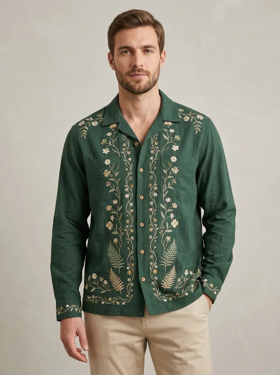 Men's Botanical Fern Embroidered Refined Shirt