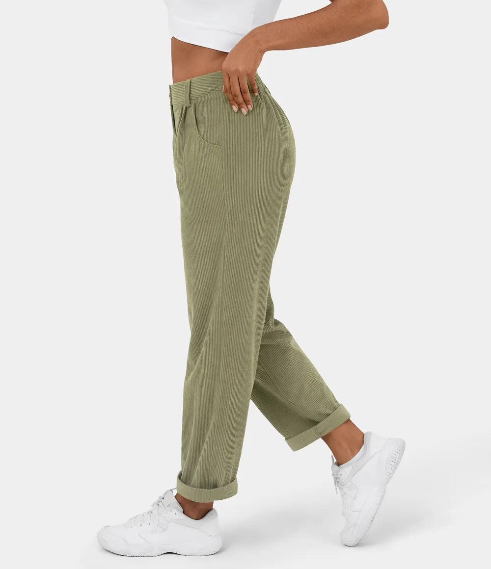 Mid Rise Button Zipper Side Pocket Corduroy Casual Pants