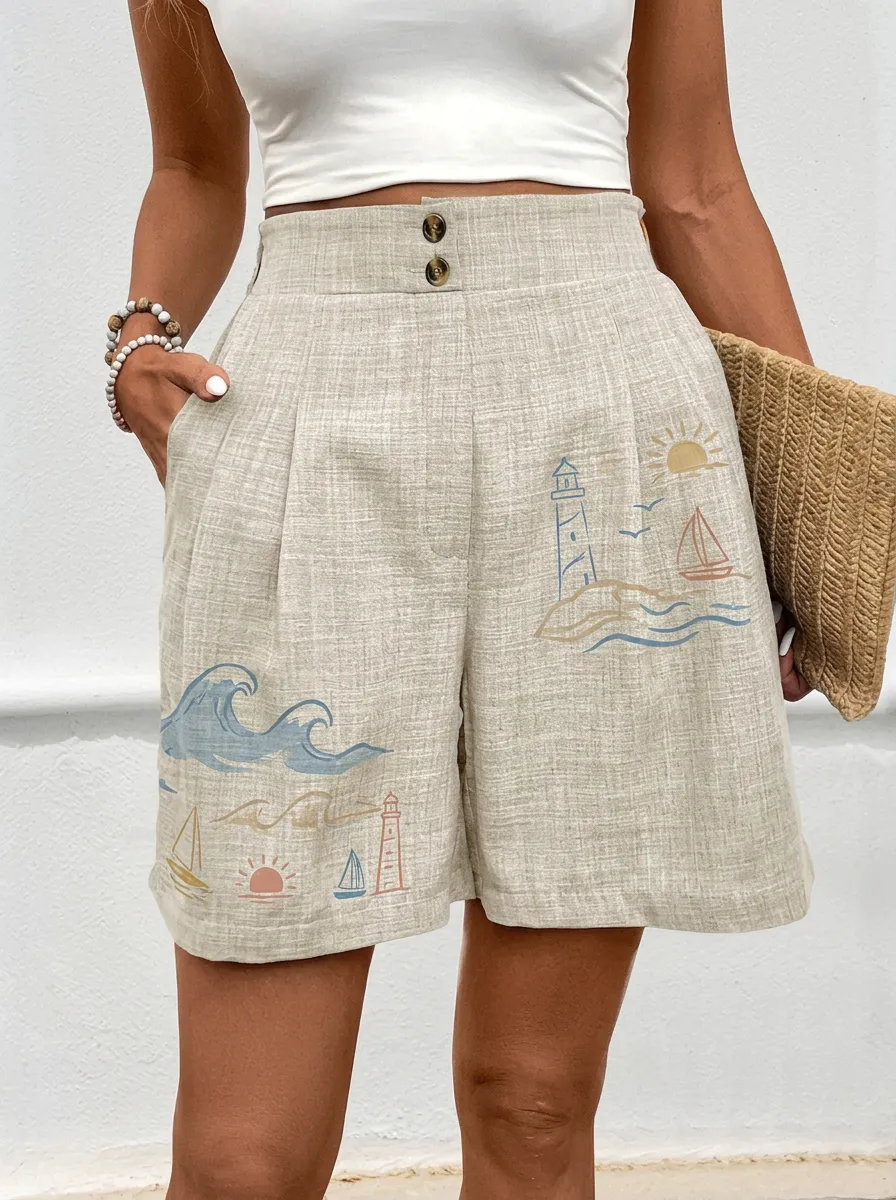 Women's Nautical Beach Lover Lighthouse Sailboat Retro Graphic Shorts