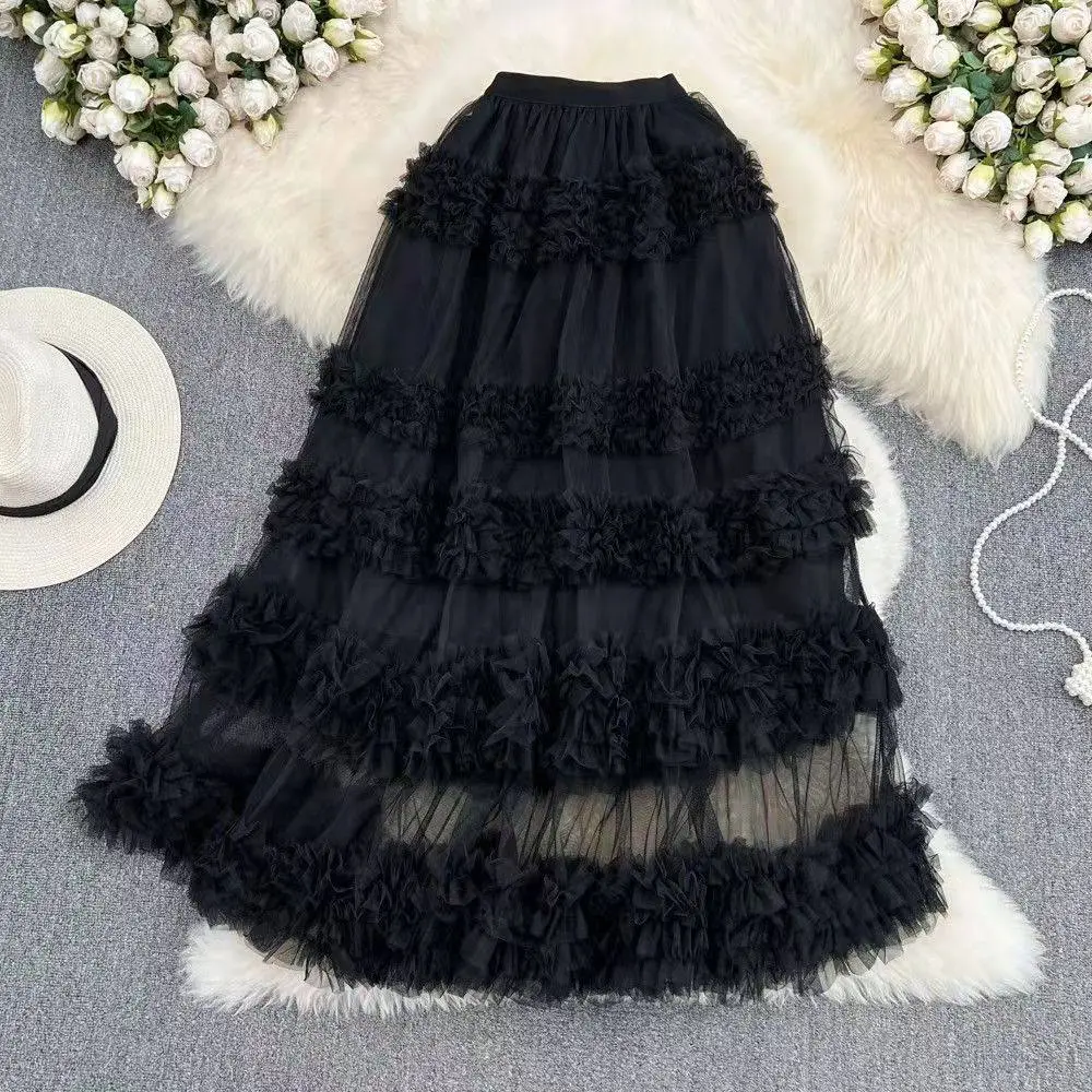 Flowing High Waist Lace Trim Mesh Midi Skirt